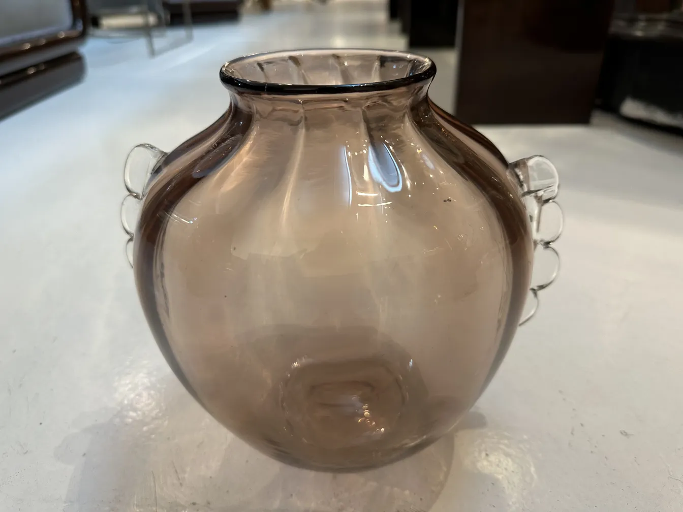 antique murano vase with two handles, light amber color, round shape