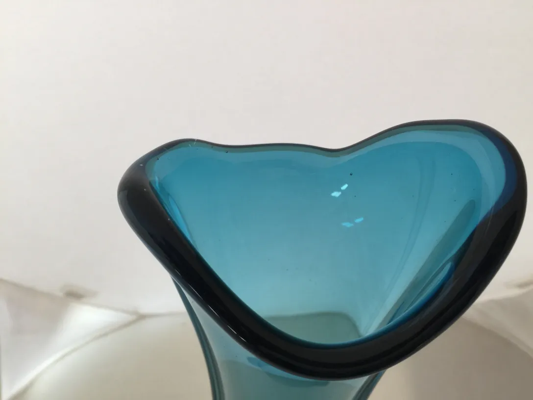 blue murano vase with black edge in unique shape