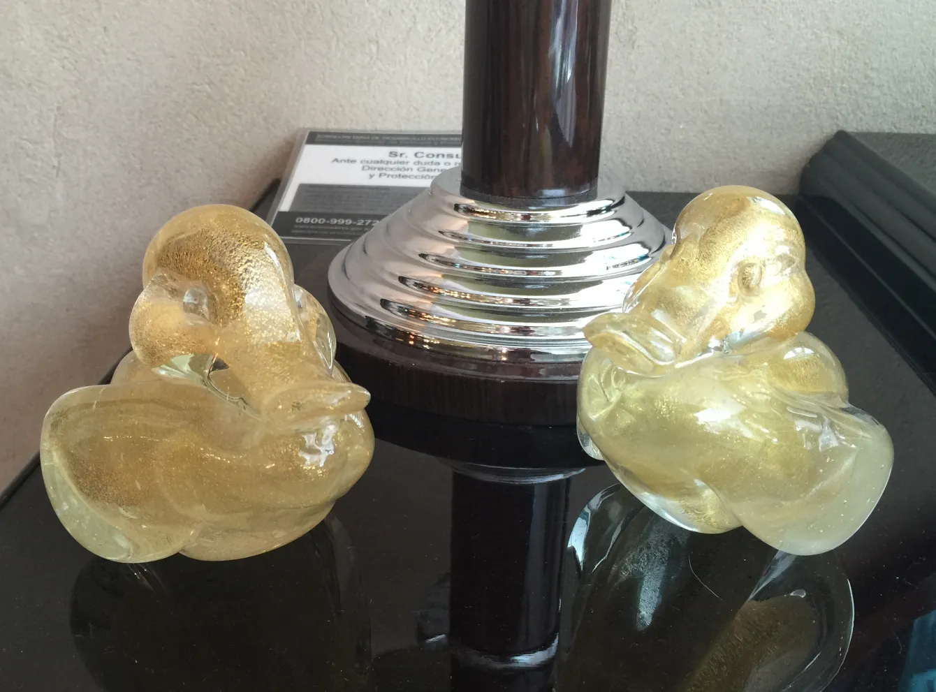 two yellow murano sculptures, antique decor