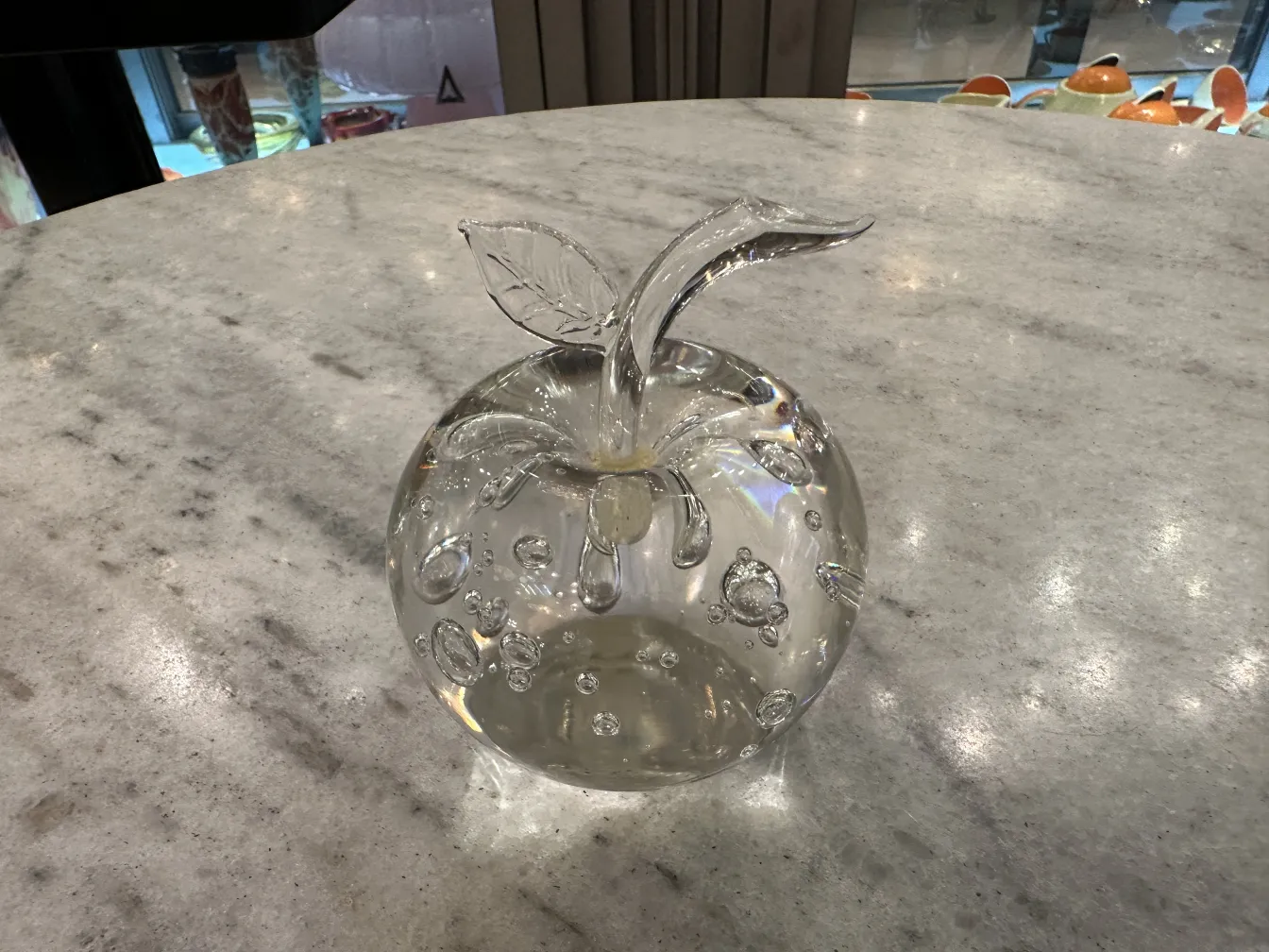 murano sculpture shaped like an apple with leaves