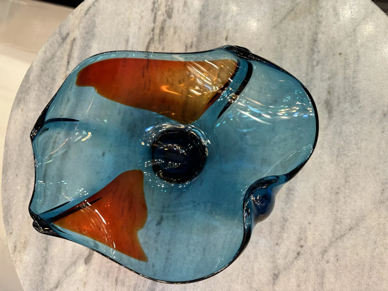 antique murano glass bowl in shades of blue and orange