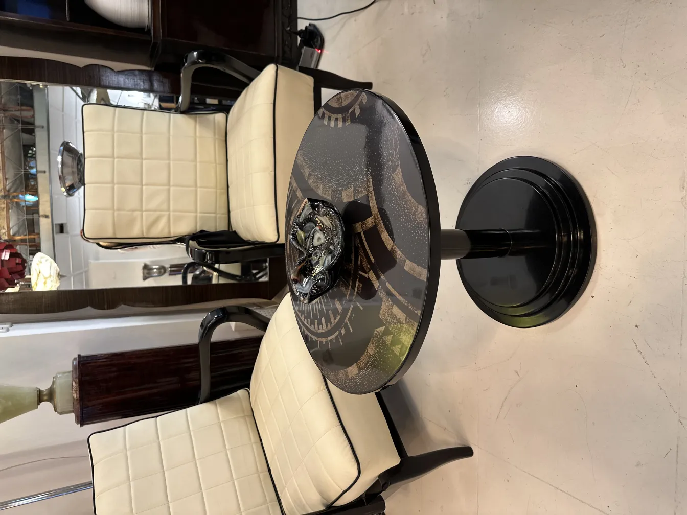 murano glass table featuring unique patterns and black base