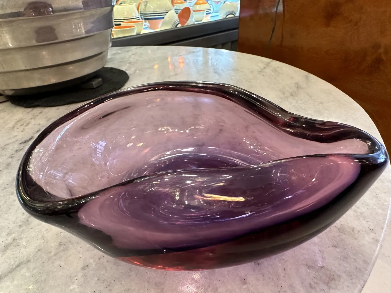 antique murano glass bowl in purple hues