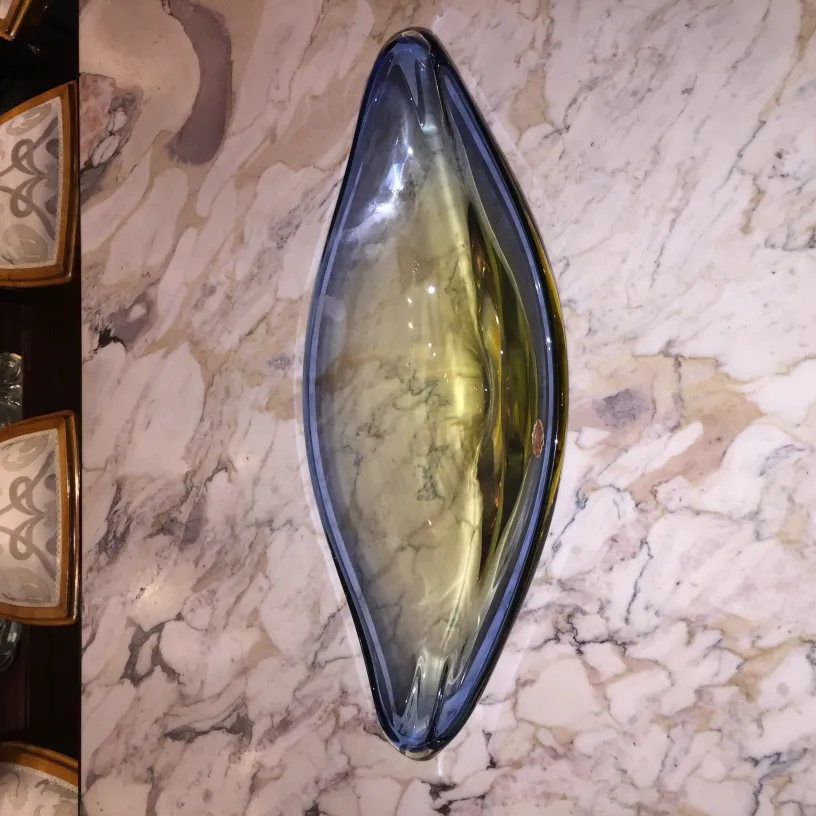 Antique murano glass piece shaped like a leaf, green and blue color.