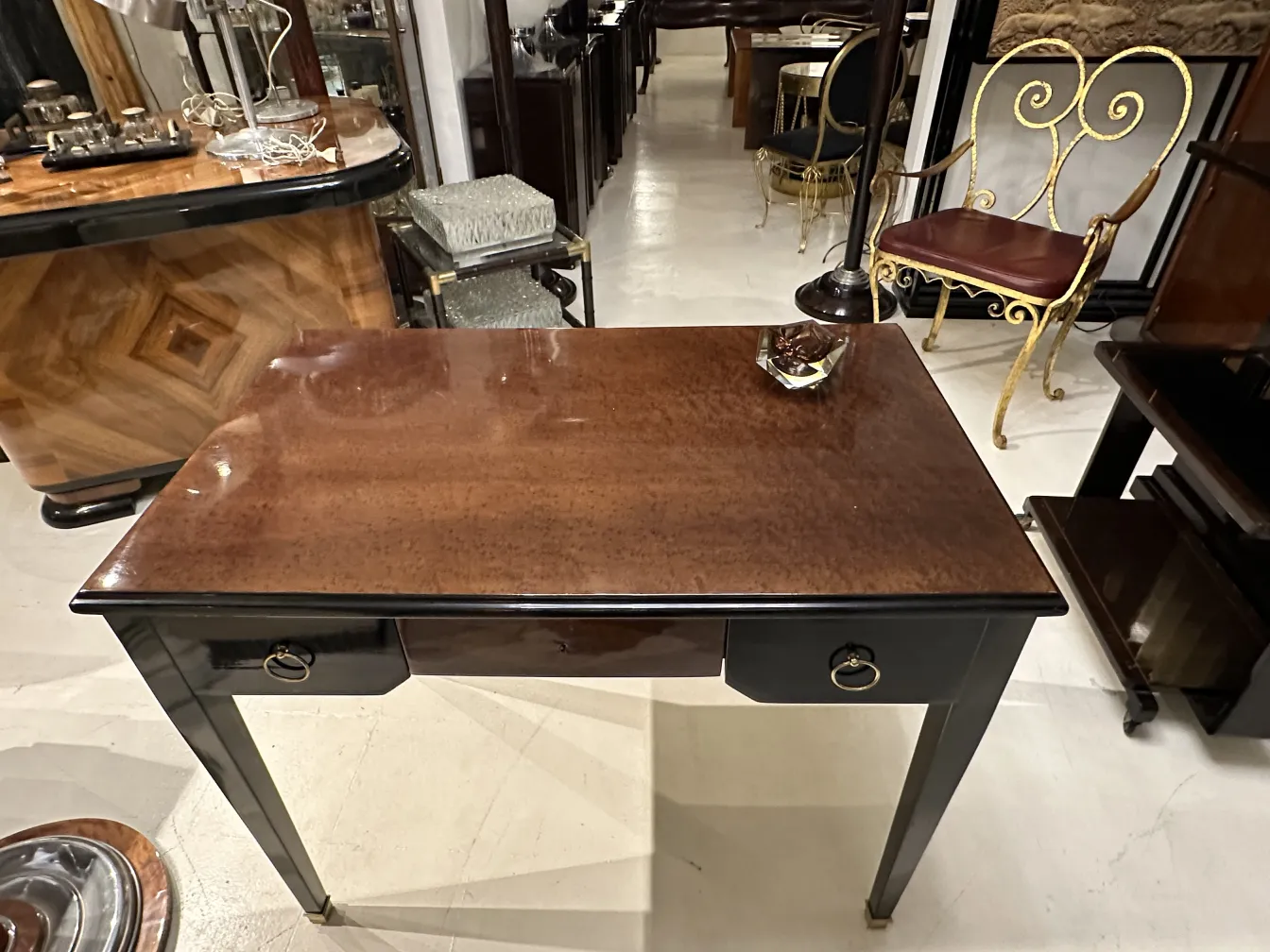 antique wooden table with decorative murano glass