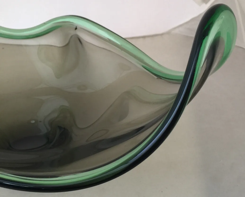 murano glass bowl with green and black edges