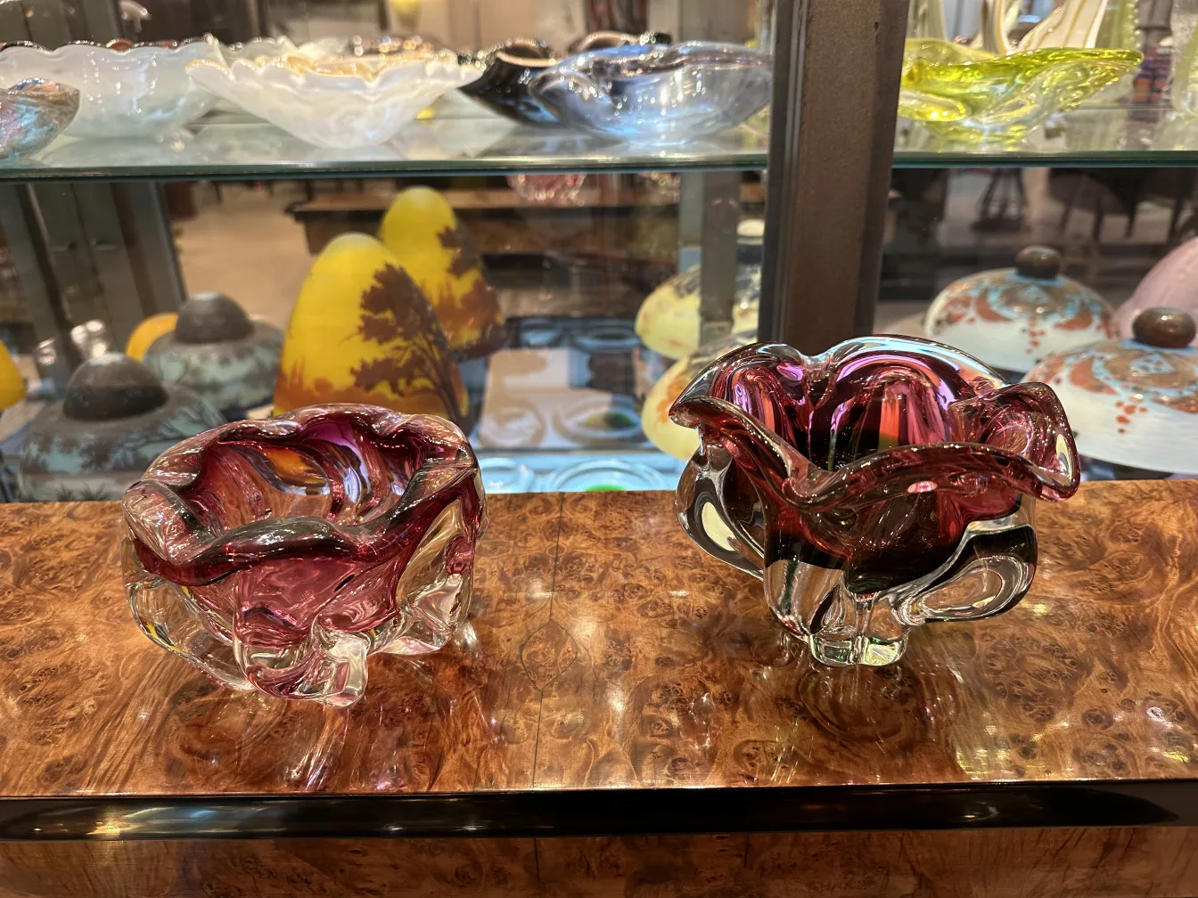 two pieces of antique murano glass in flower shape, red color