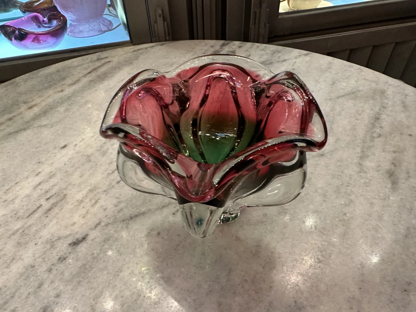 antique murano glass vase in red and green colors