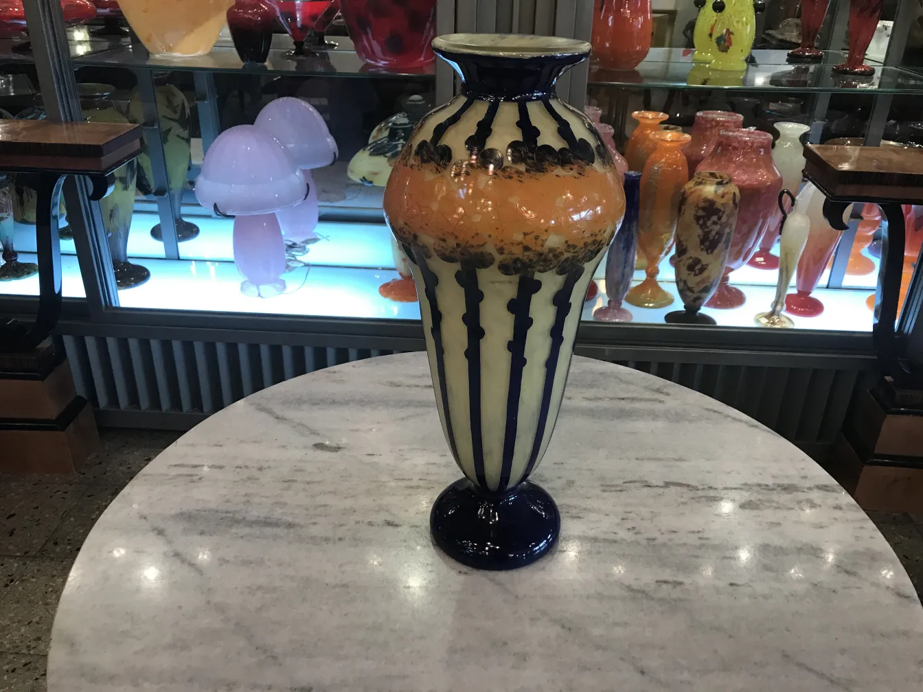 Antique signed glass Le Verre with unique decorative details