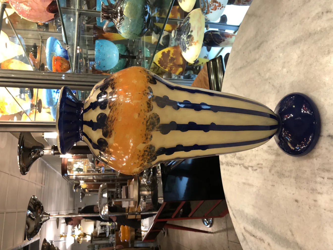 Decorative antique signed glass Le Verre with colorful details and elegant design.