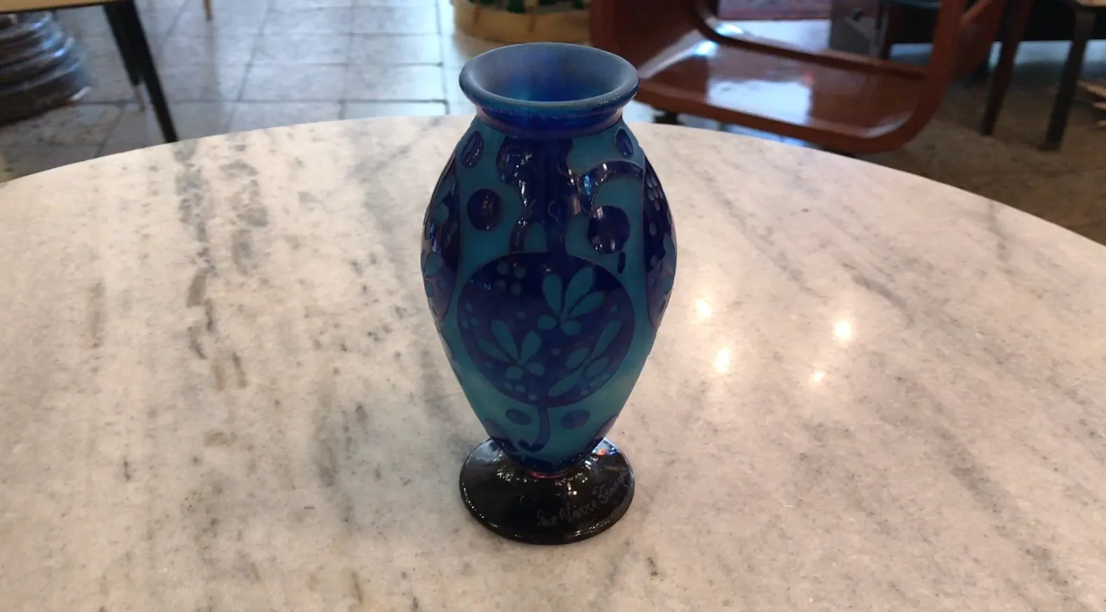 decorative signed glass vase in blue and green, antique ambiance
