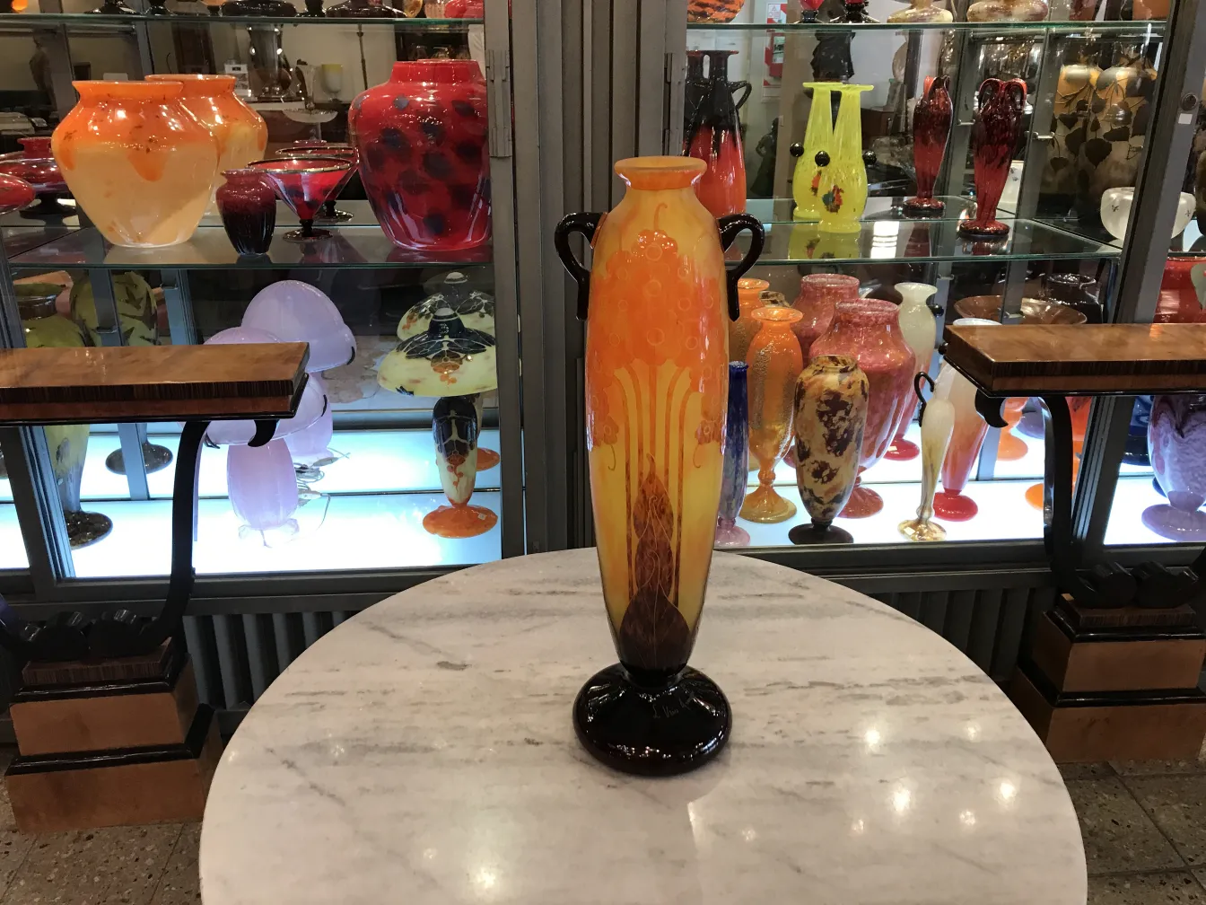 antique signed le verre glass vase in warm tones