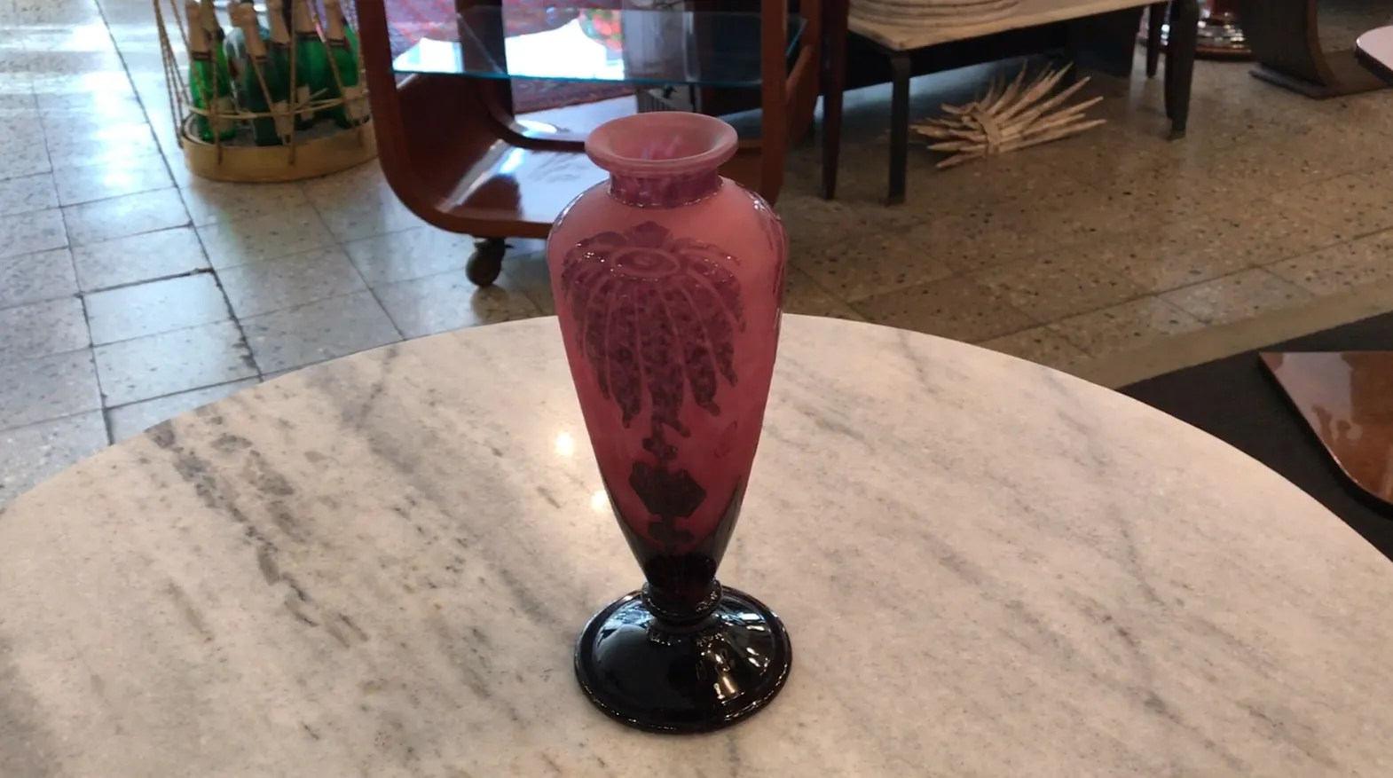 Antique glass vase in pink and black with floral design