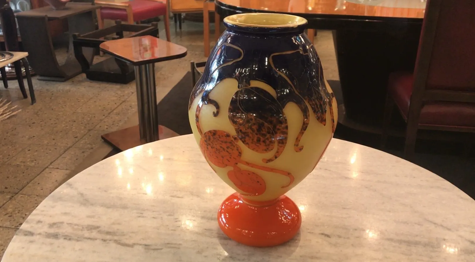 Decorative antique vase with colorful design, signed, le verre.