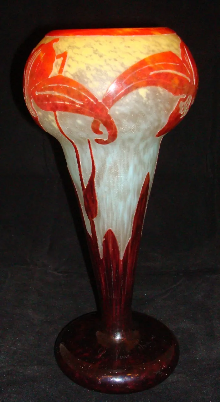 antique glass vase with floral design and signature