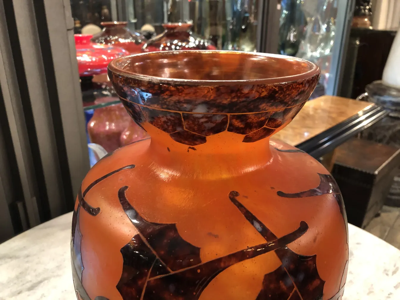 antique glass vase with amber design and leaf motifs