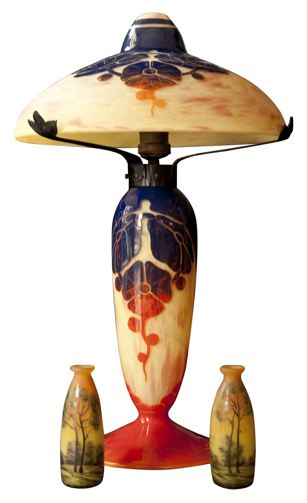 Antique glass lamp signed Le Verre with two vases