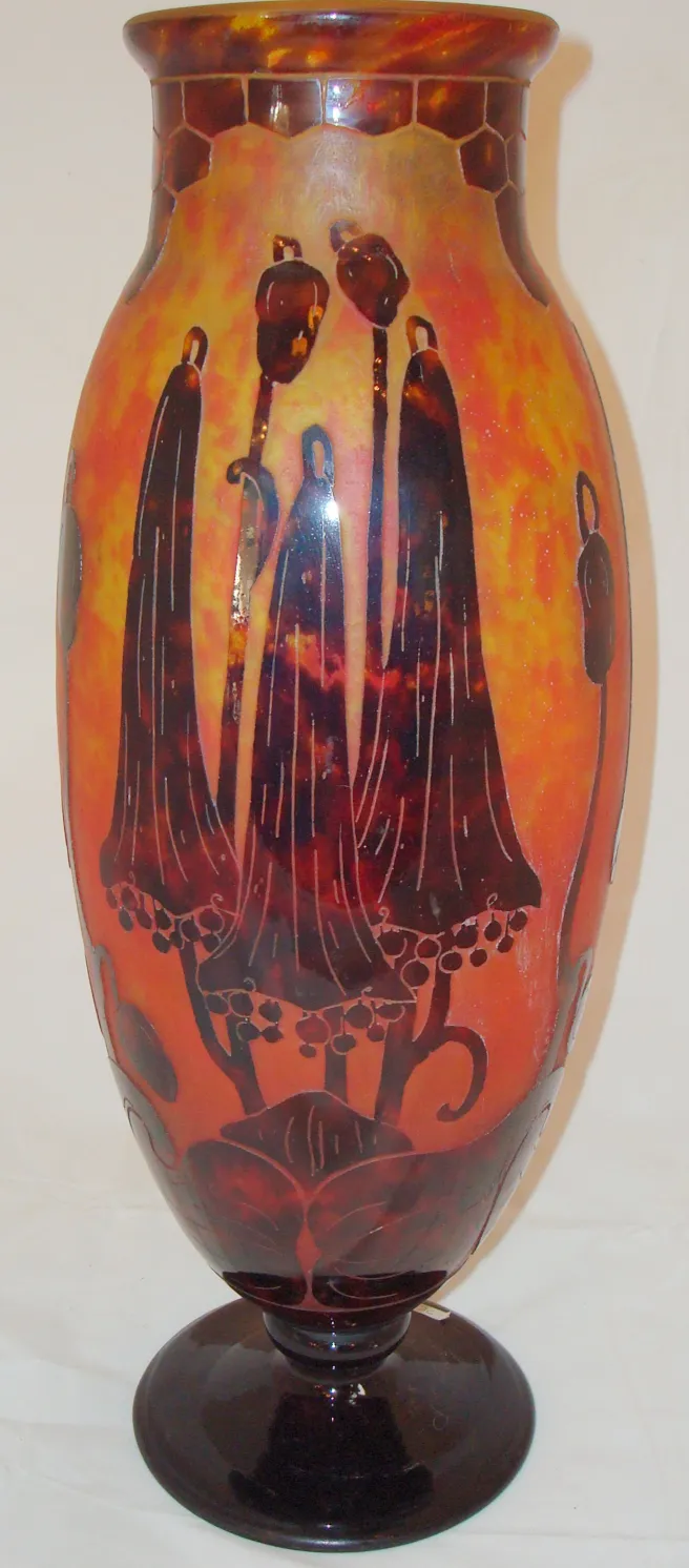 antique glass vase with signed floral design