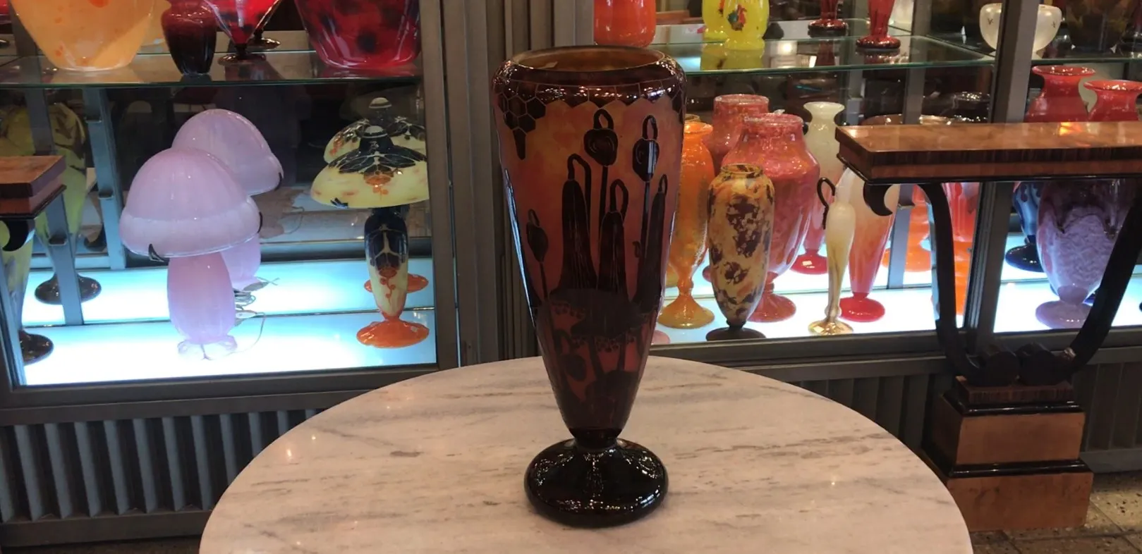 Antique signed glass Le Verre French in colorful display cases