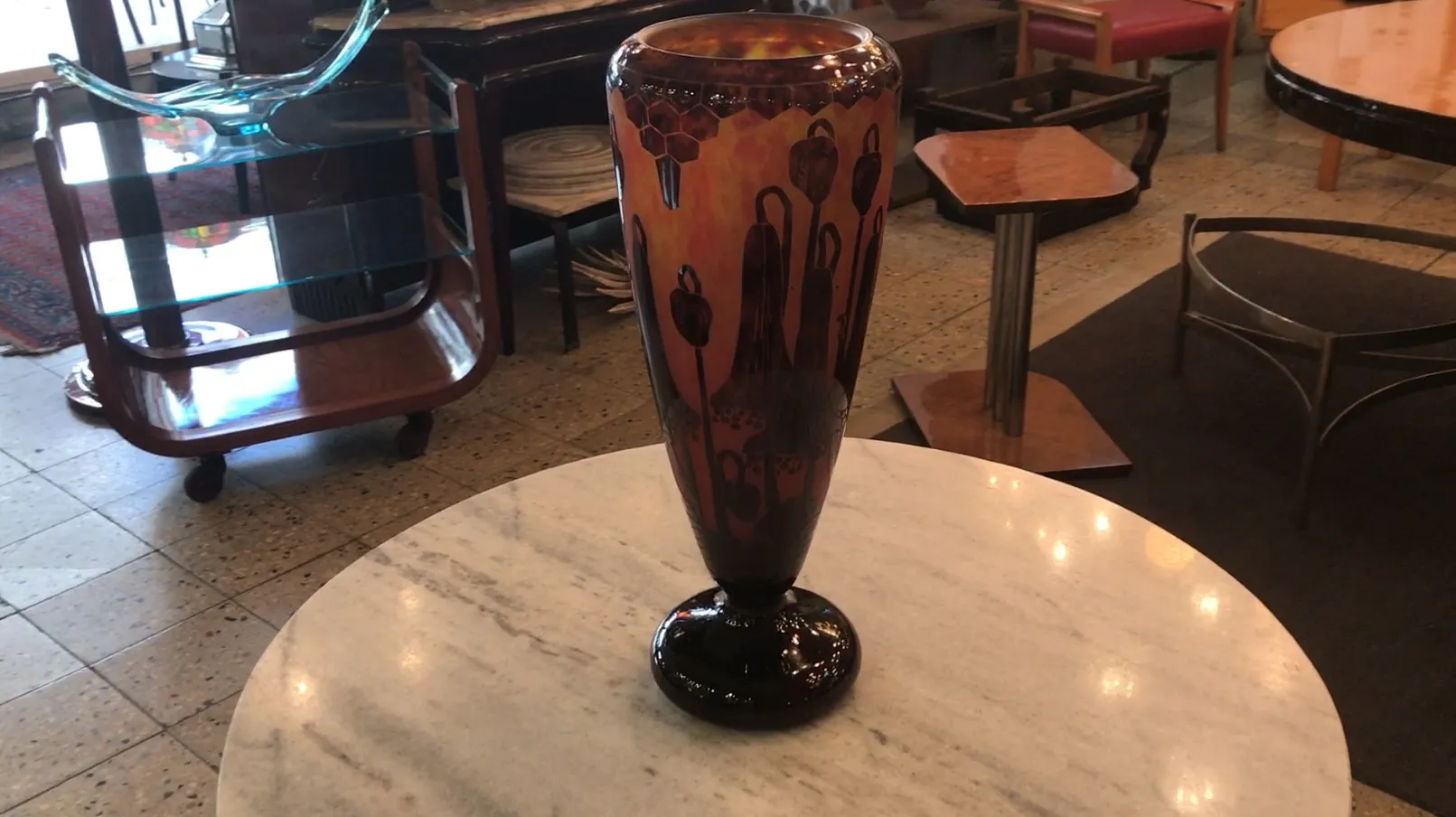 Antique glass vase with signature and decorations