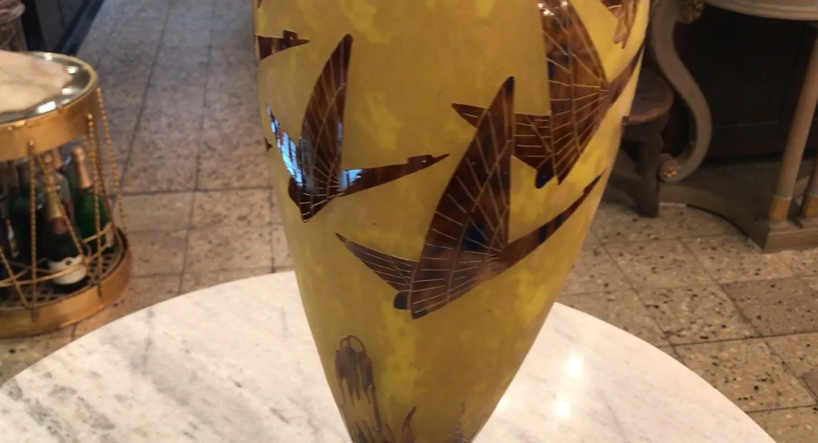 Yellow vase with flying birds, antique signed glass le verre french.
