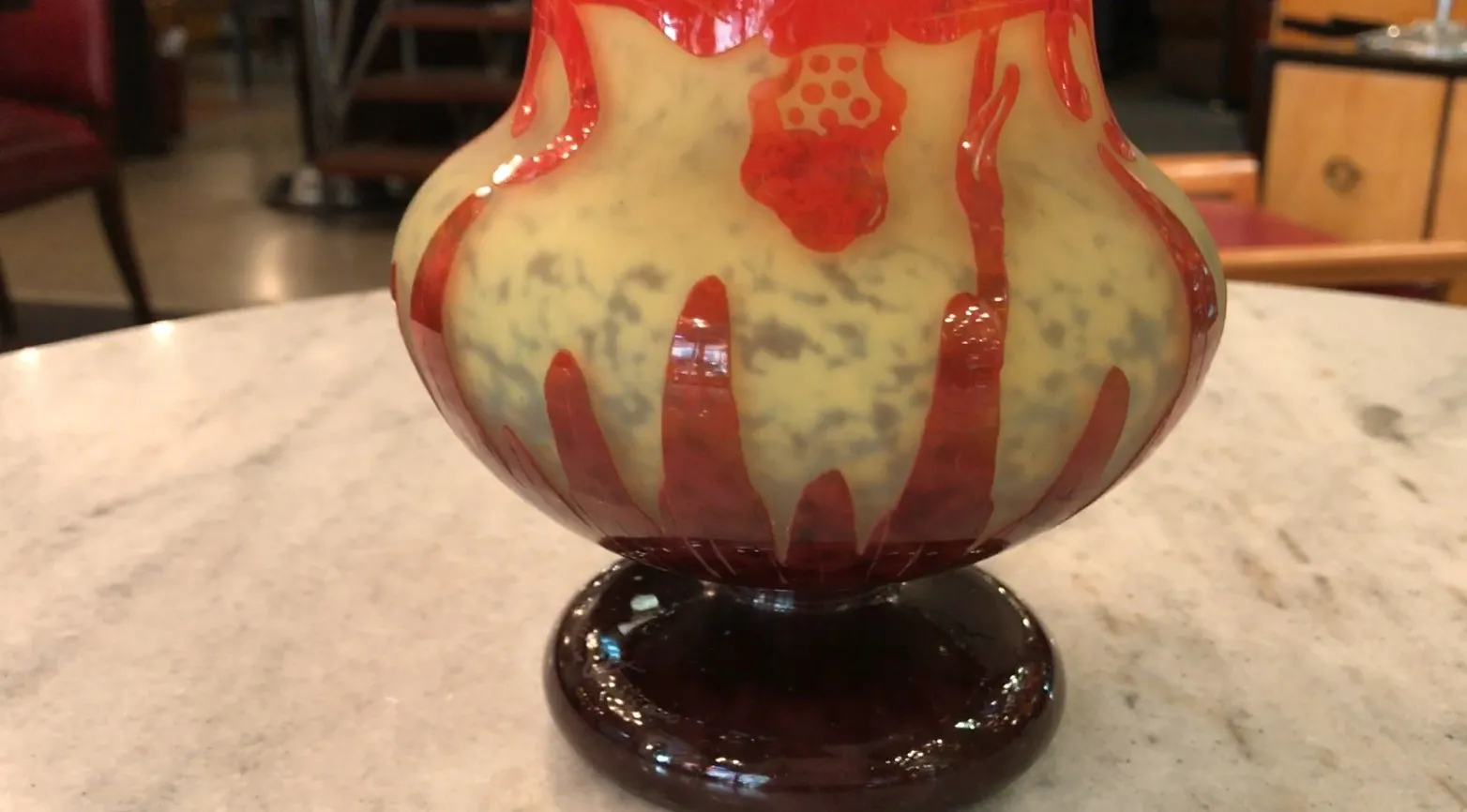 Antique signed glass Le Verre with red and yellow decorations.