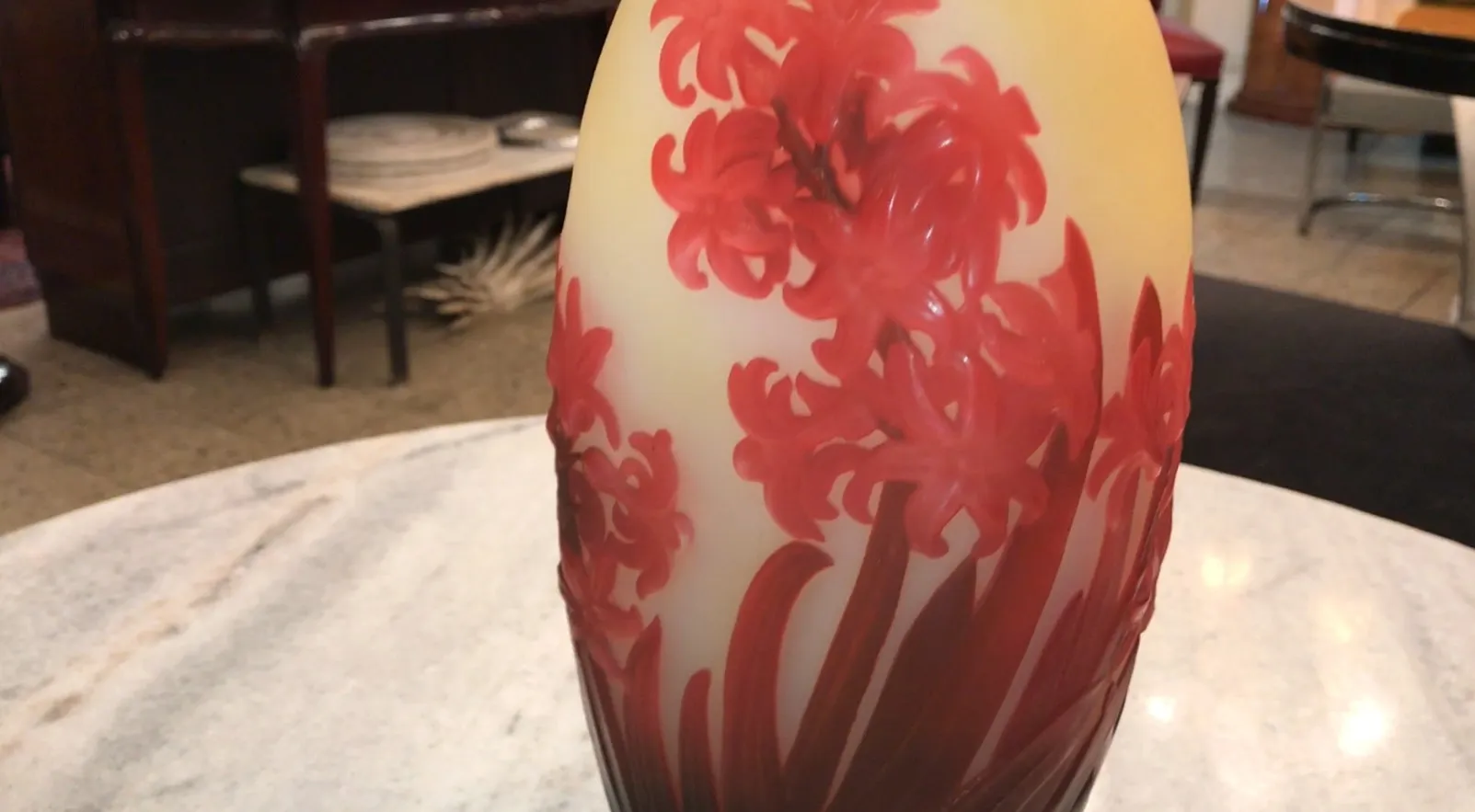 beautiful signed glass gallé with red floral design