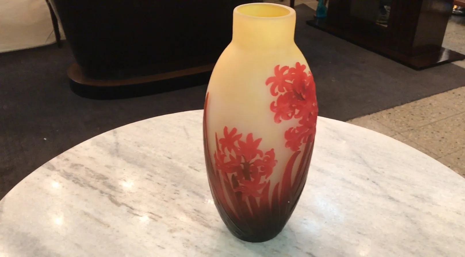 antique signed glass vase gallé with red flowers