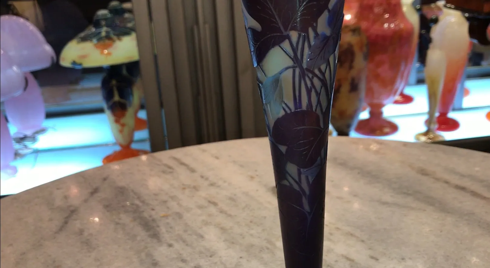 Antique signed Gallé glass with floral design in blue and purple