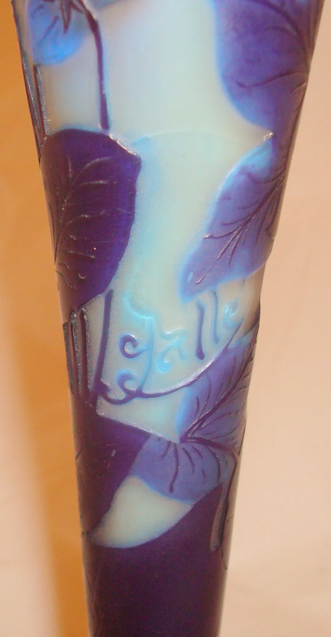 Antique signed glass Gallé with leaf and flower decorations, blue and purple colors.