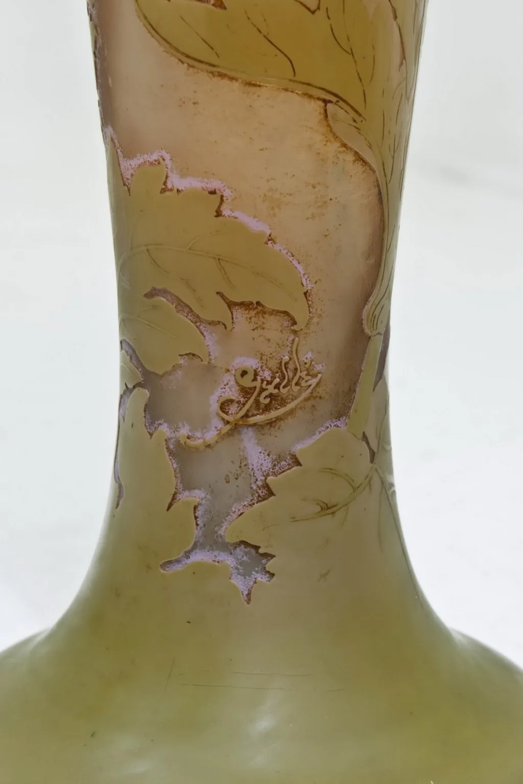 Antique signed glass Gallé with leaf design
