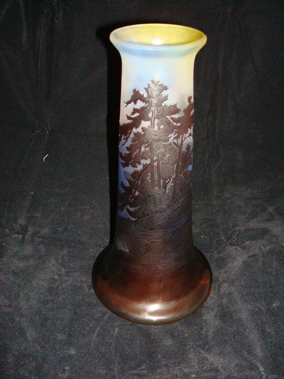 Antique signed glass Gallé with relief of landscape