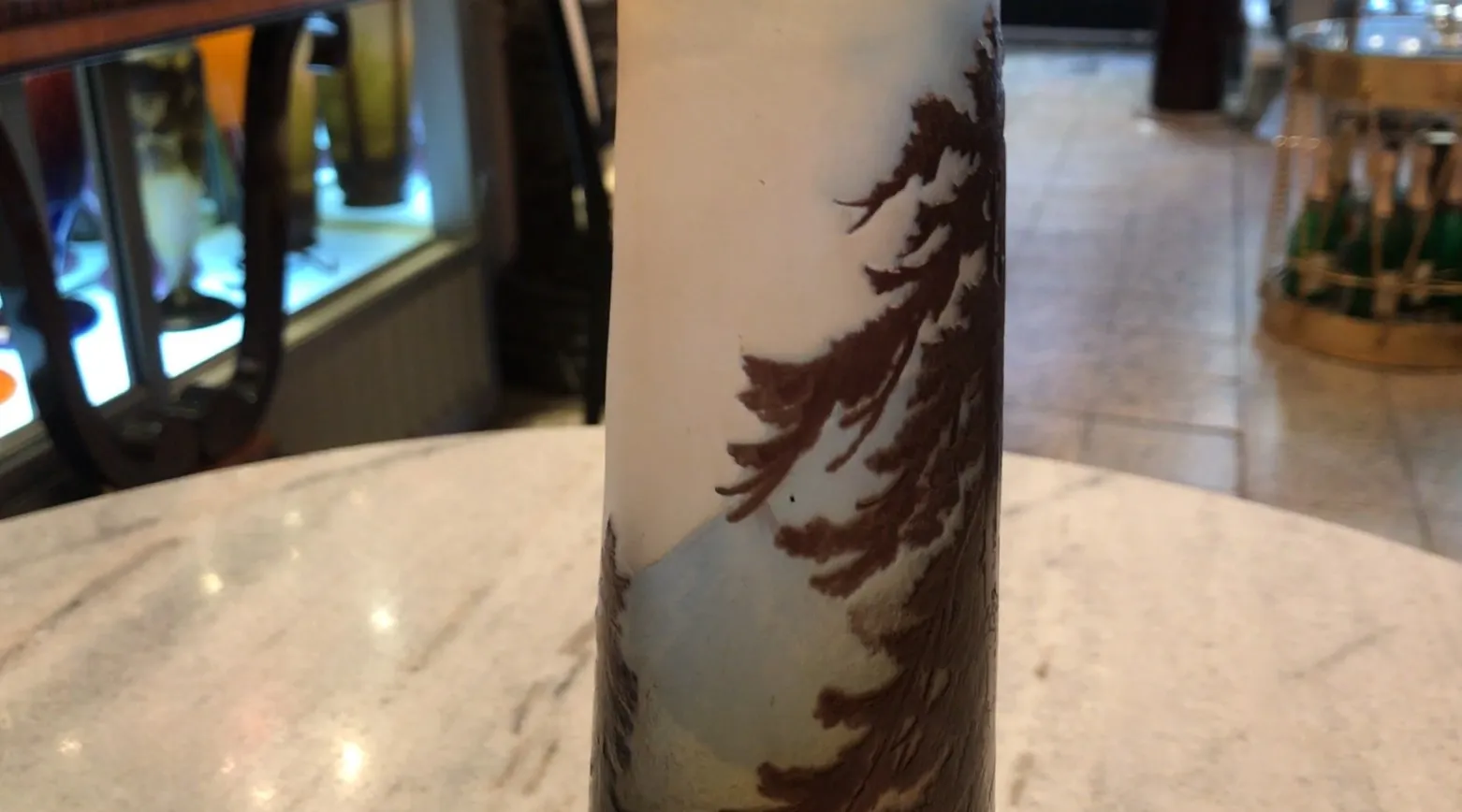 Antique signed Gallé glass featuring landscape details in neutral tones