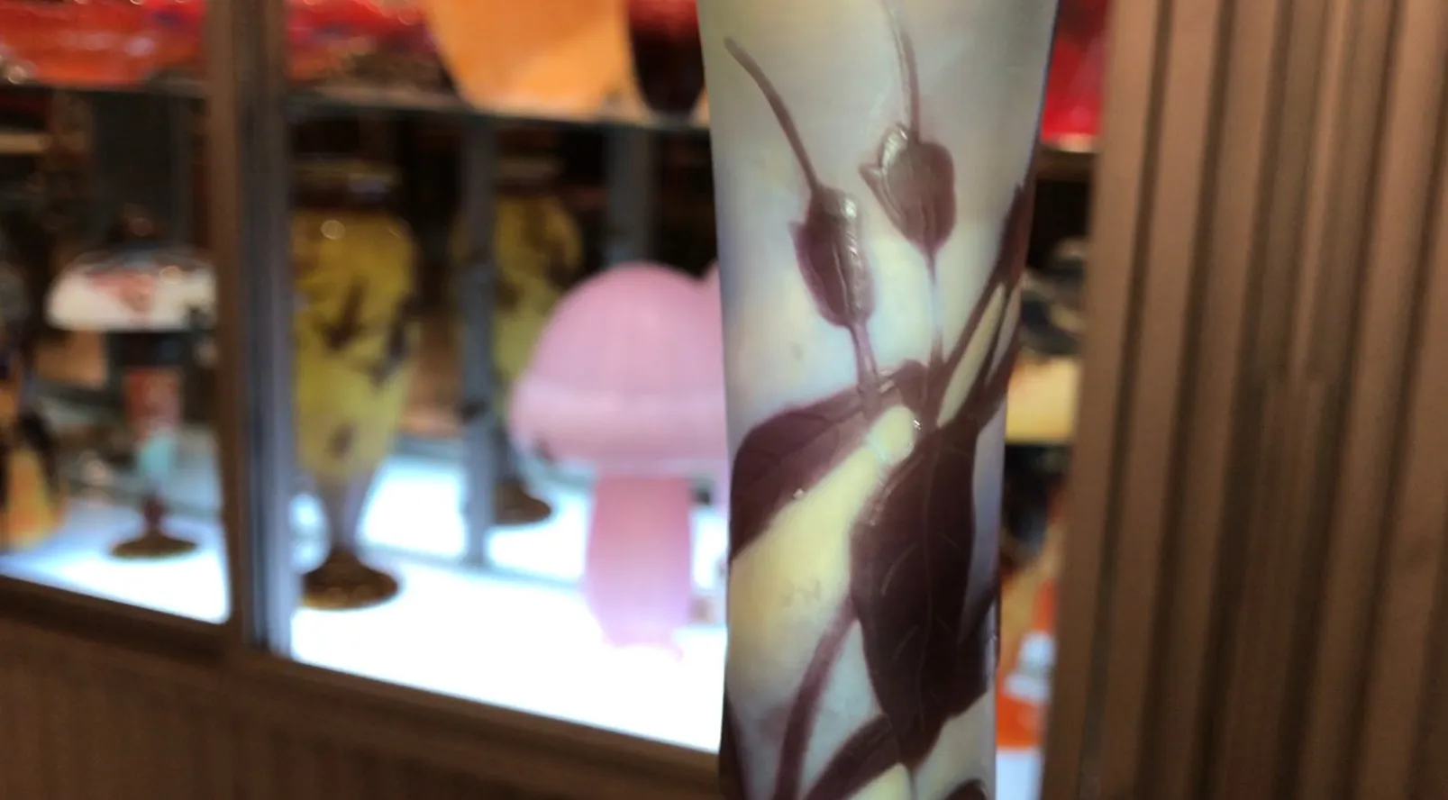 Antique signed glass Gallé, adorned with soft-toned flowers