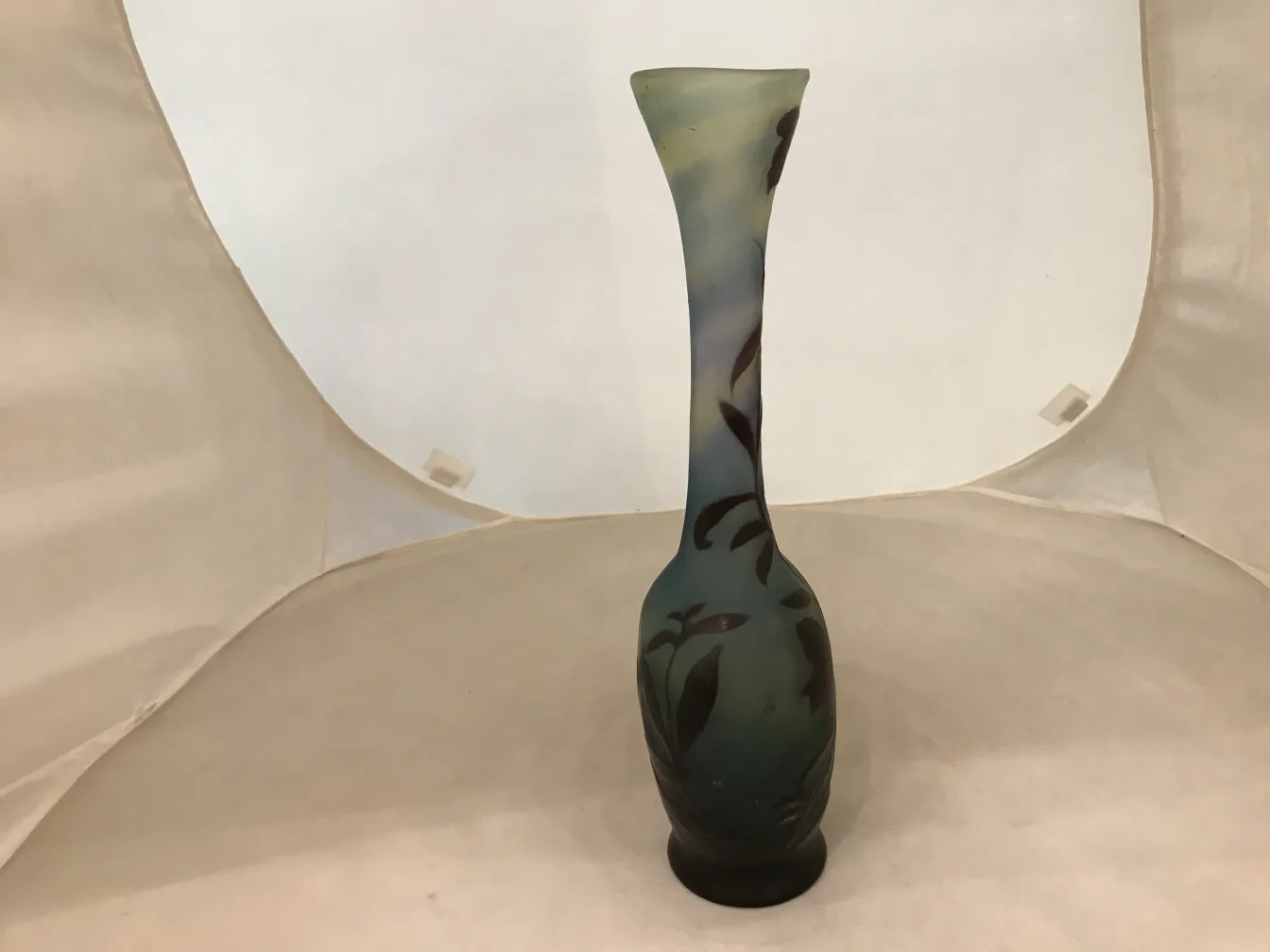 Antique signed glass vase Gallé with artistic decor