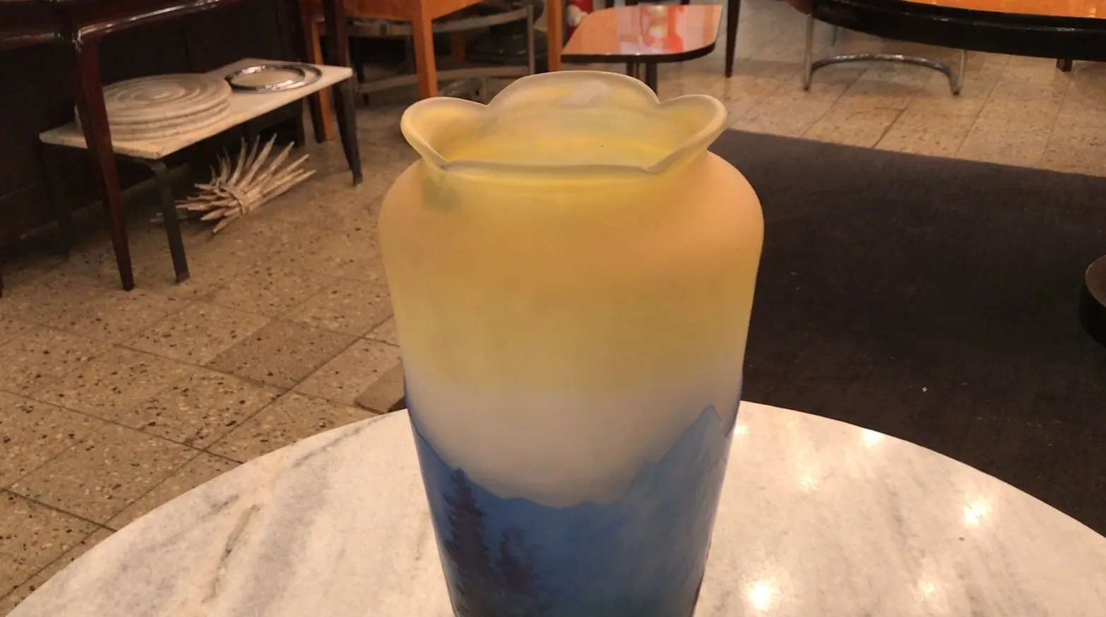 antique Gallé signed vase with blue and yellow scenery