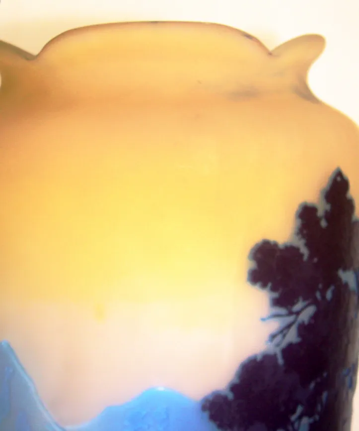 Antique signed glass vase Gallé with mountain landscape