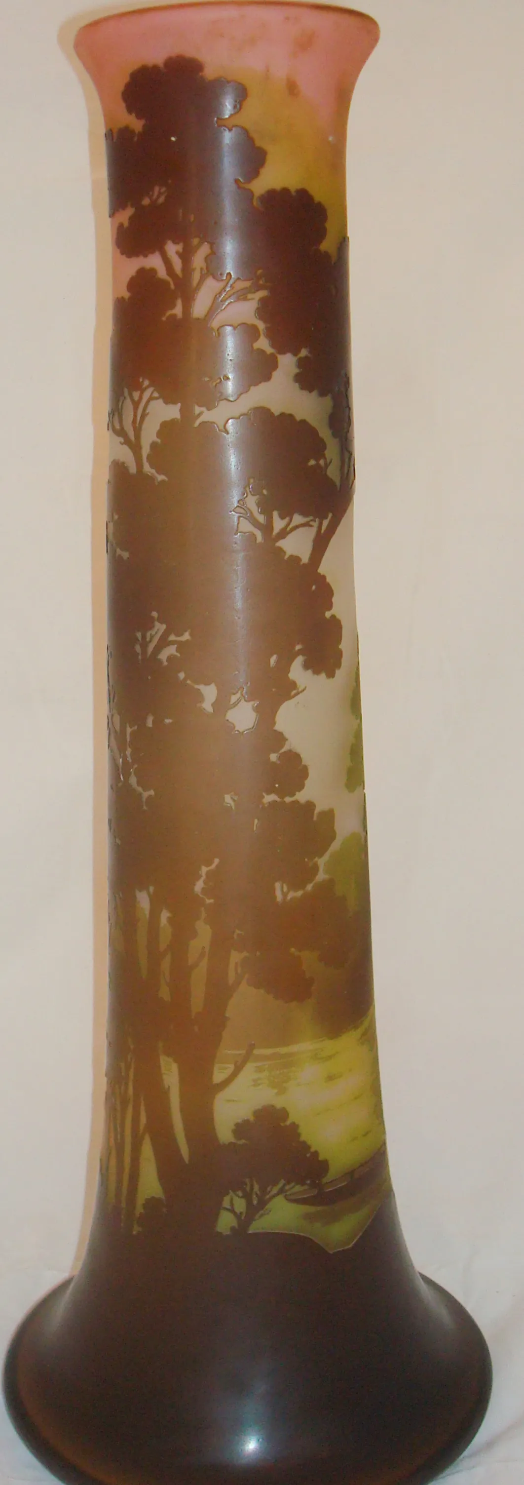 Antique decorative vase, signed glass by Gallé with tree design.