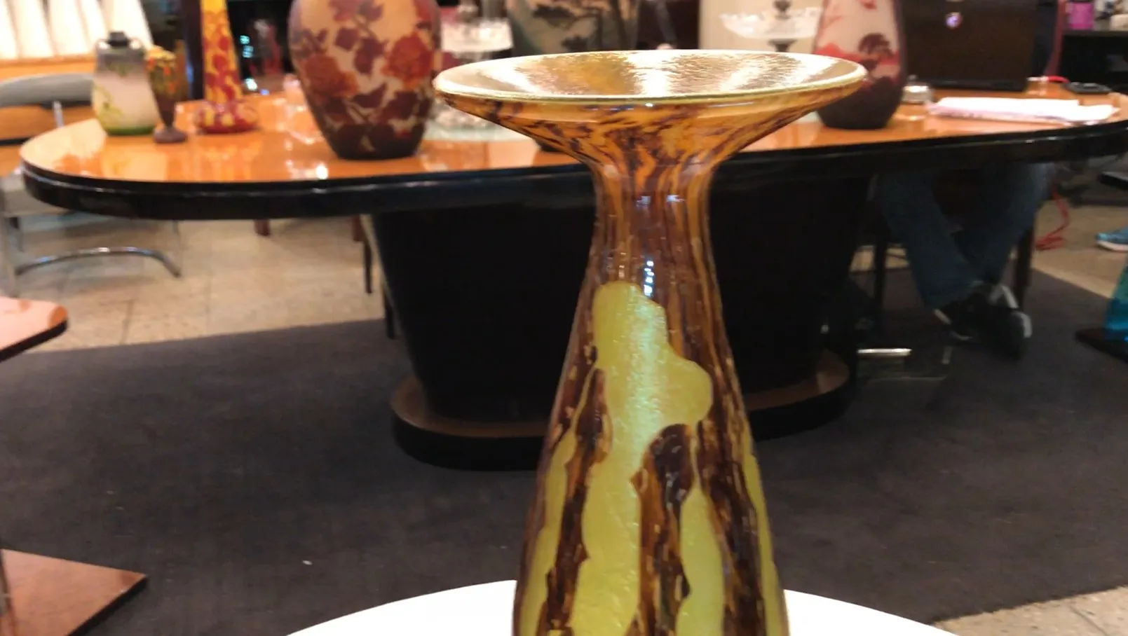 old signed glass vase in candy color with appealing décor