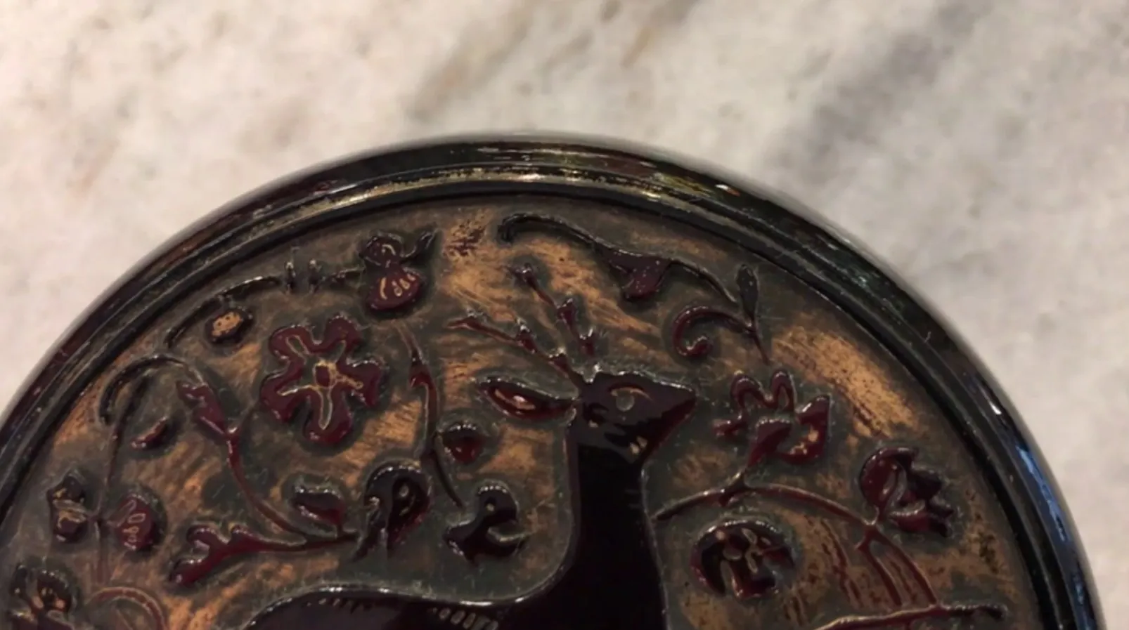 antique signed glass with detailed floral design, featuring a deer and flowers