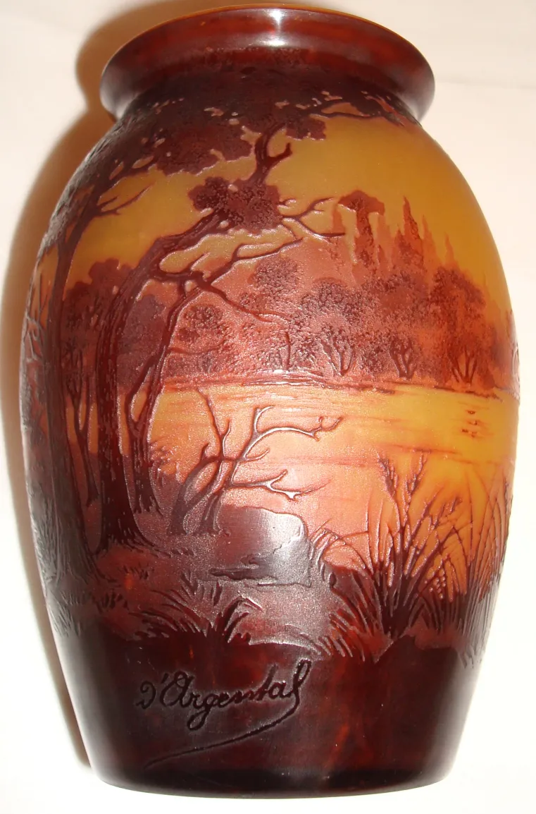 antique vase signed D'Argental with detailed landscape