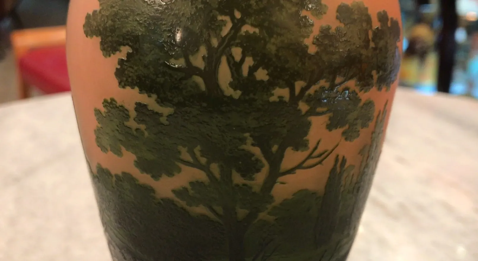 Antique signed glass D'Argental featuring tree design.
