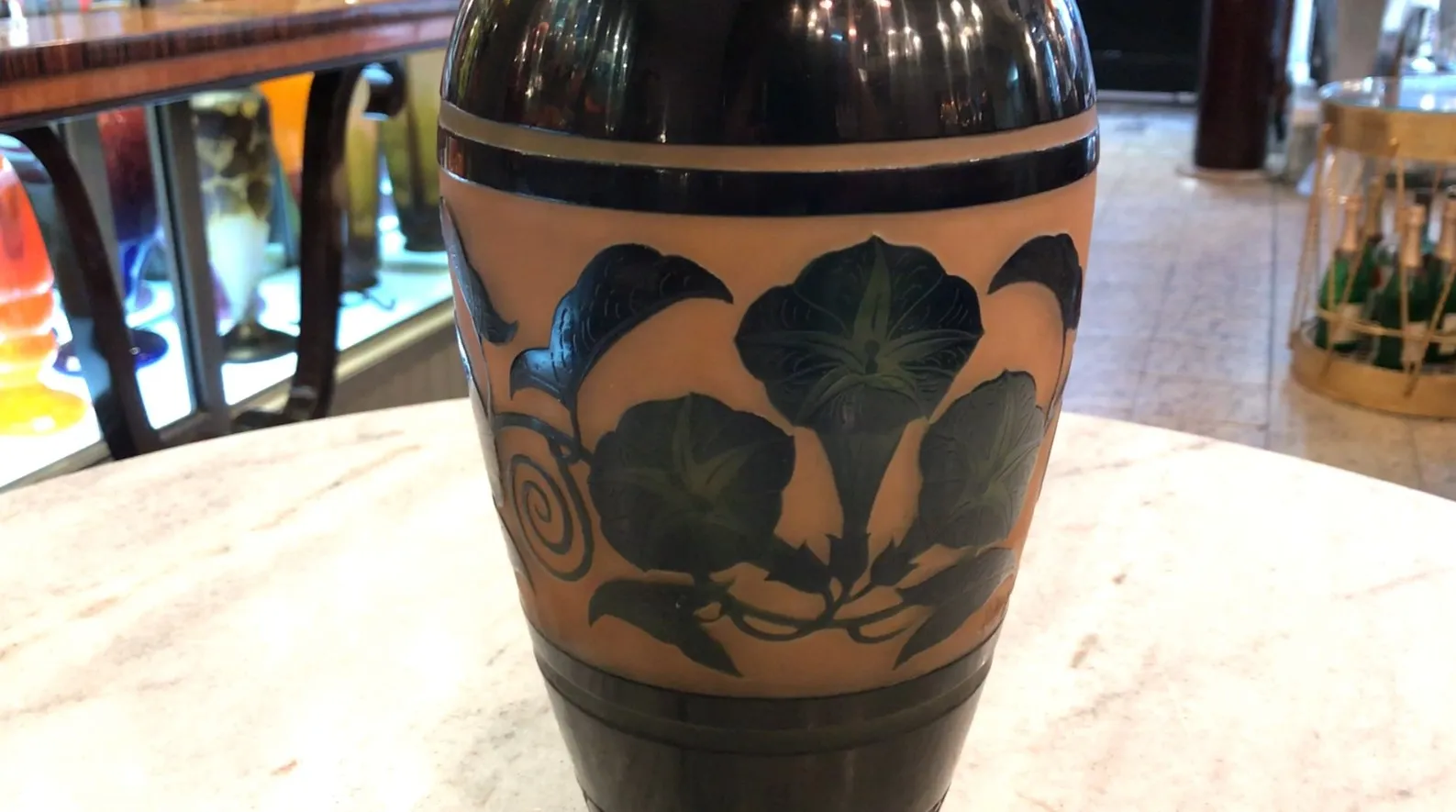 Antique signed glass D'Argental featuring green leaves