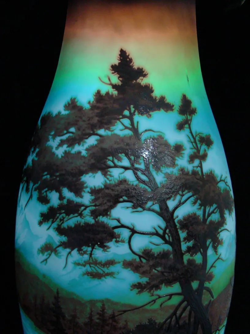Antique signed glass D'Argental depicting a colorful natural landscape.