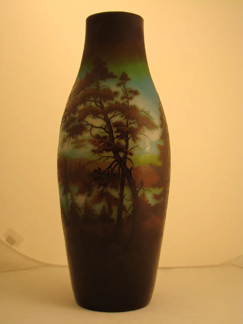 vase with natural landscape in signed d'argental glass