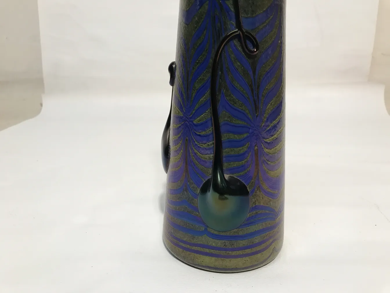 Antique signed glass by Loetz featuring bird design in blue and green shades.