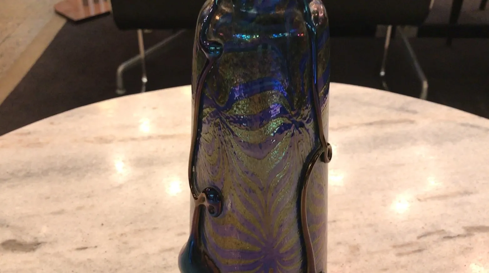 loetz signed glass with blue and green decorative patterns