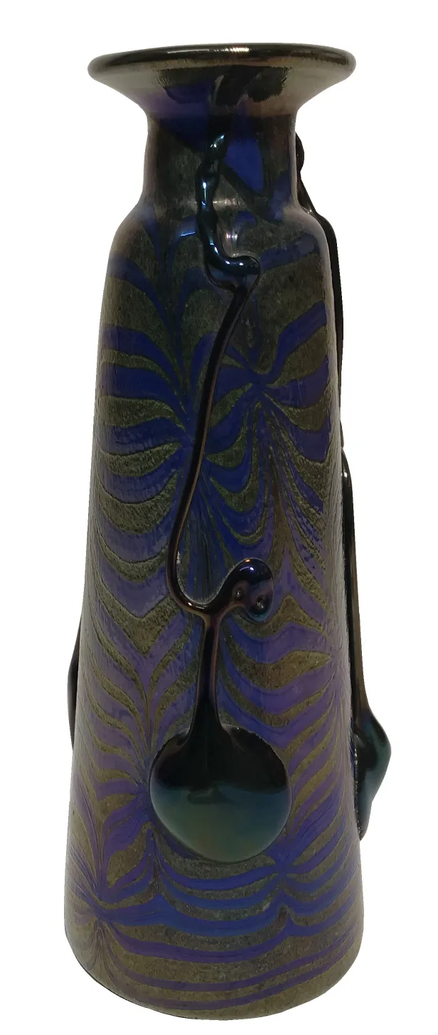 antique vase with blue and green design, signed