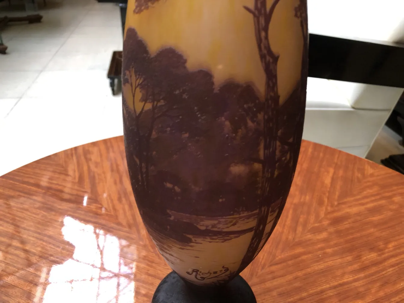 signed glass with tree landscape, antique