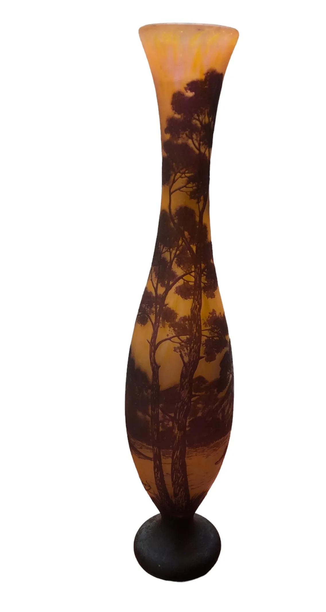 Antique signed glass Richard featuring a painted landscape, emphasizing the vase shape.